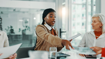 Documents, meeting and report with business women in boardroom of office for planning or strategy....