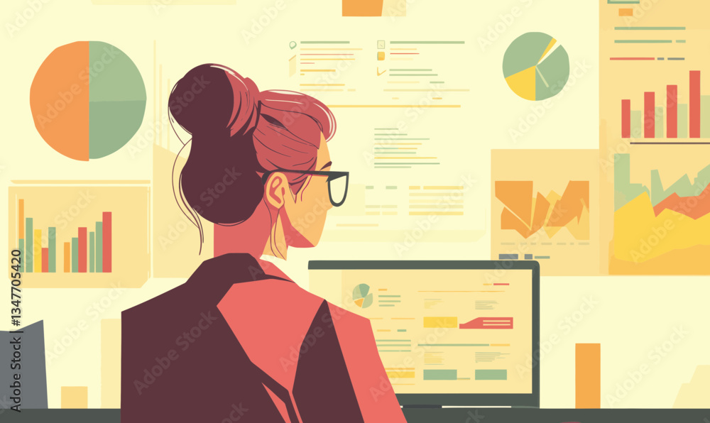 Poster female data analyst with crm dashboard in flat minimalist design
