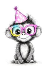 Obraz premium Cute Baby Monkey with Colorful Festive Party Hat and Glasses Portrait Graphic Isolated on White Background