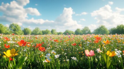 Fototapeta premium Vibrant flowers in a sunlit field. A colorful spring or summer scene.