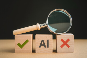 AI concept with a magnifying glass and right, wrong, symbols in the wooden cubes, accuracy information from AI, advantages and disadvantages, right way to use AI 