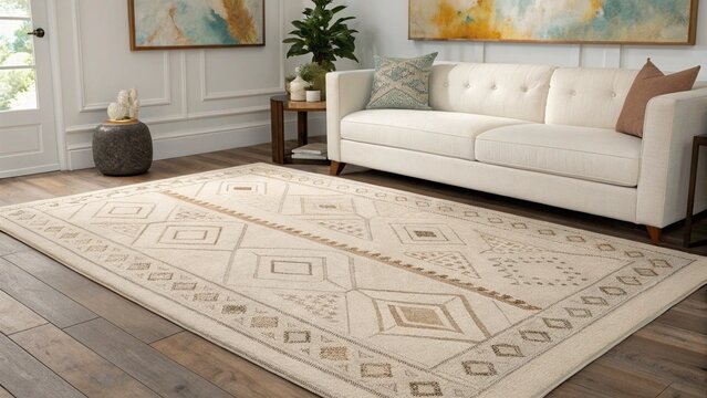 Neutral-Colored Area Rug: Add a soft, neutral-colored area rug under the white sofa, with subtle geometric patterns that complement the wall art. The rug should add warmth to the floor while tying tog
