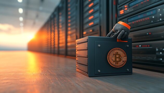 Bitcoin mining with server room sunset.