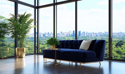 Luxury apartment living room, city view, relaxation