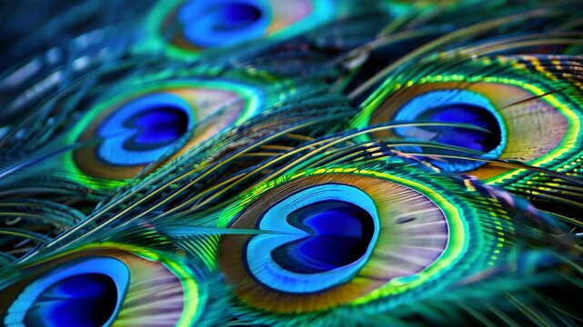 Close-up of vibrant peacock feathers with iridescent colors.