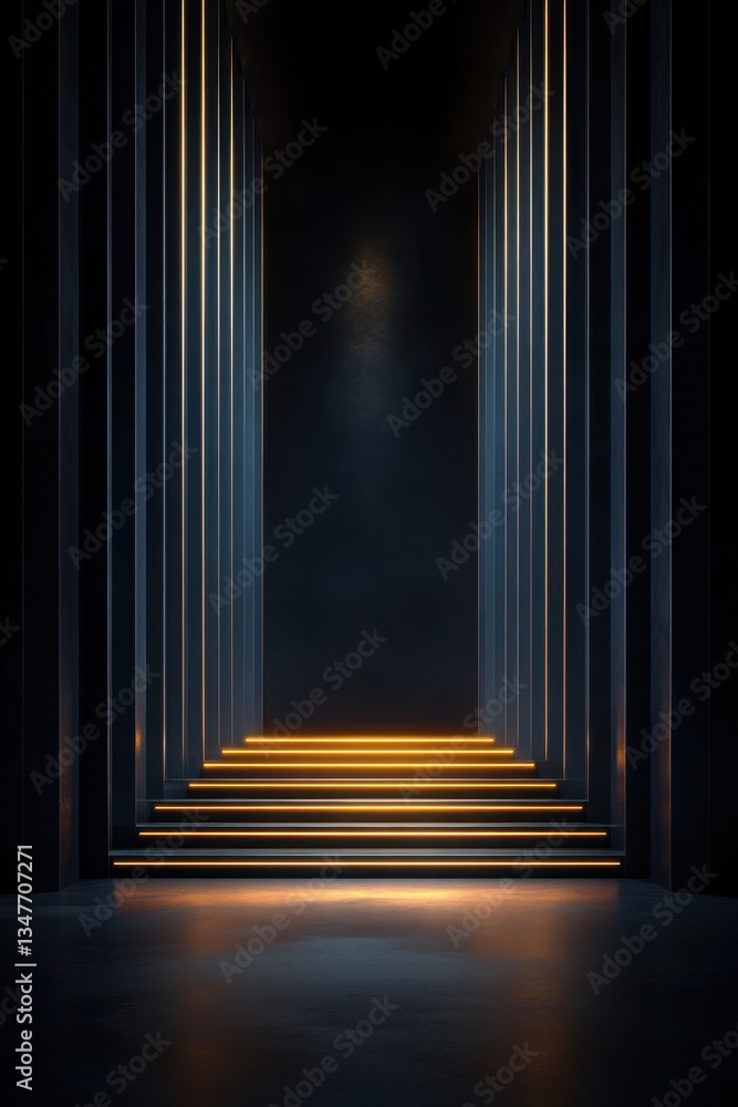 Poster an interior with illuminated steps and repeating lines creating a modern, abstract perspective