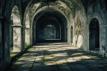 Fototapeta premium Sunlit stone passageway in ancient ruins, arched hallway with moss and weathered walls.