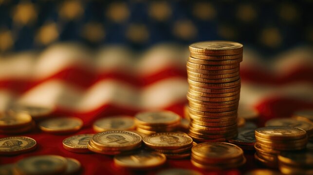 Stack of gold coins with American flag background - Powered by Adobe