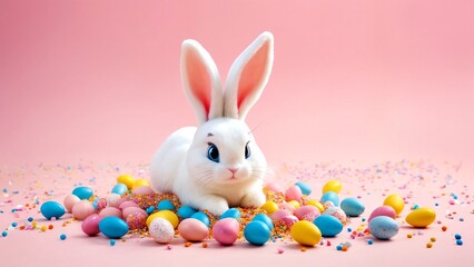 Obraz premium A white rabbit with blue eyes sitting in a pile of colorful Easter eggs.