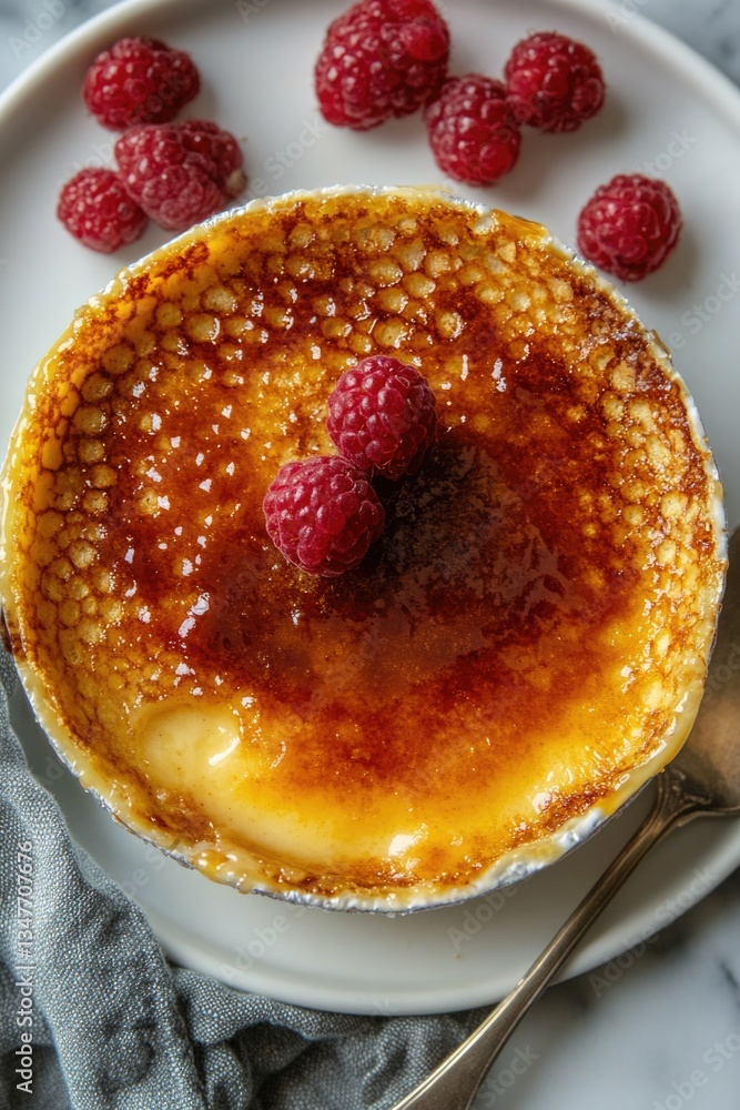 Aufkleber a dessert with a raspberry on top is displayed on a white plate. the dessert is a pastry with a rasp
