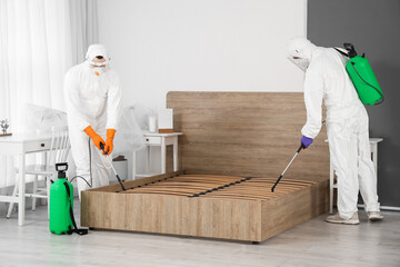 Male workers disinfecting bed in bedroom
