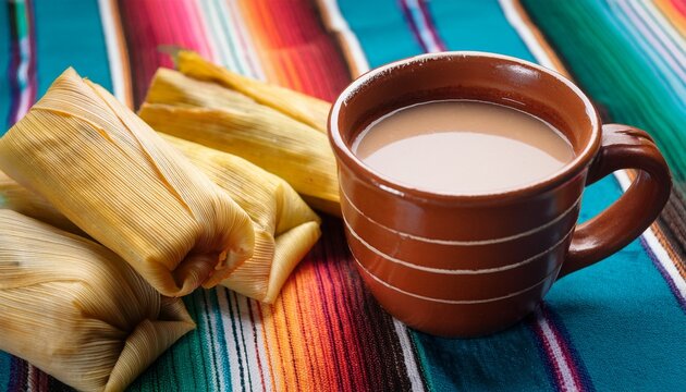clay cup with atole over colorful serape tamales in the background mexican food