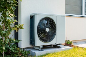 Installation of a new air source heat pump outside a family home for efficient heating solutions