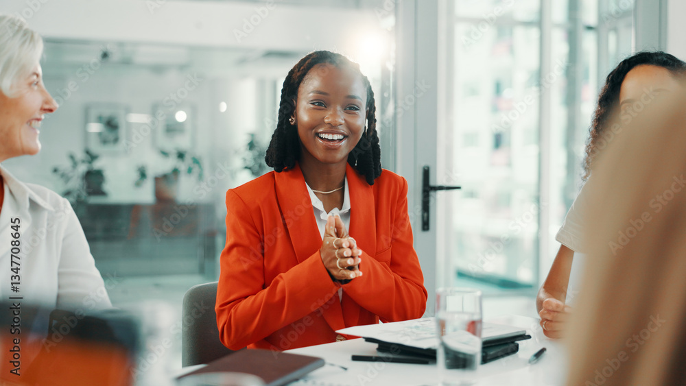 Poster feedback, interview and smile with business women in boardroom of office for onboarding or recruitme