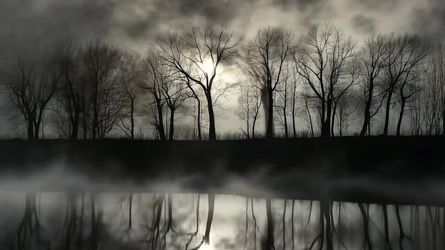 Foggy sunrise, trees reflected, riverbank, misty landscape, mood setting