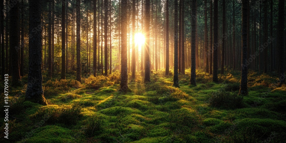 Poster a serene forest scene with sunlight filtering through the trees, creating a warm glow on the trunks 