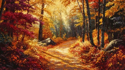 Obraz premium Autumn forest path, colorful foliage, sunlight, tranquil scene, nature photography