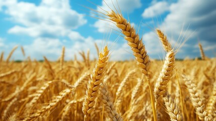 Fototapeta premium Golden wheat field under bright blue sky with fluffy white clouds. Use this picture for agriculture, harvest, nature or food-related projects.