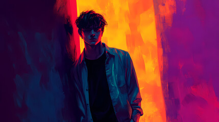 A daring young man stands confidently against a backdrop of ominous shadows, embodying courage and mystery in a vibrant scene. Ominous Core. Illustration