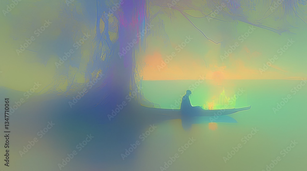 Poster abstract tranquil scene of a lone figure in a boat near a colorful background of trees and calm wate