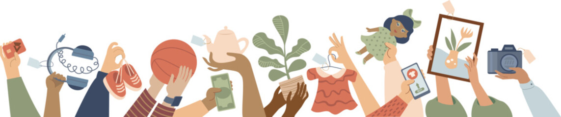 Marketplace Concept &ndash; Hands Holding Pre-Owned Items for Sale, Promoting Sustainable and Eco-Friendly Shopping