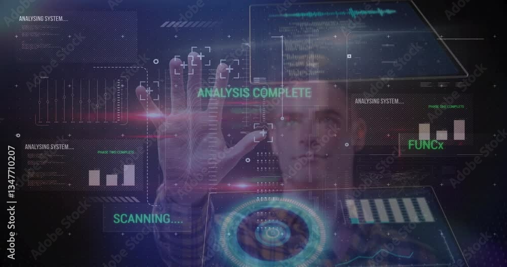 Poster interacting with futuristic animation, man analyzing and scanning data on interface