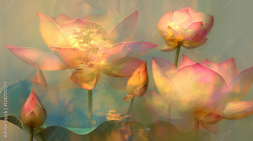 Poster colorful abstract representation of lotus flowers creating a serene and dreamlike atmosphere in a tr