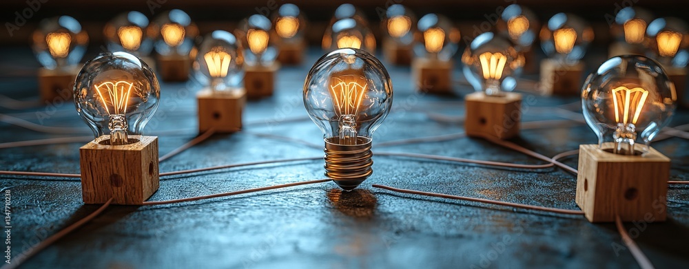 Aufkleber innovation and solution concepts are symbolized by wooden cubes with a lightbulb icon, surrounded by