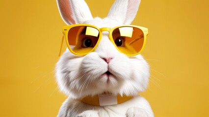 A close up of a white rabbit wearing yellow sunglasses.