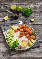 crunchy breaded salmon fish nuggets with rice