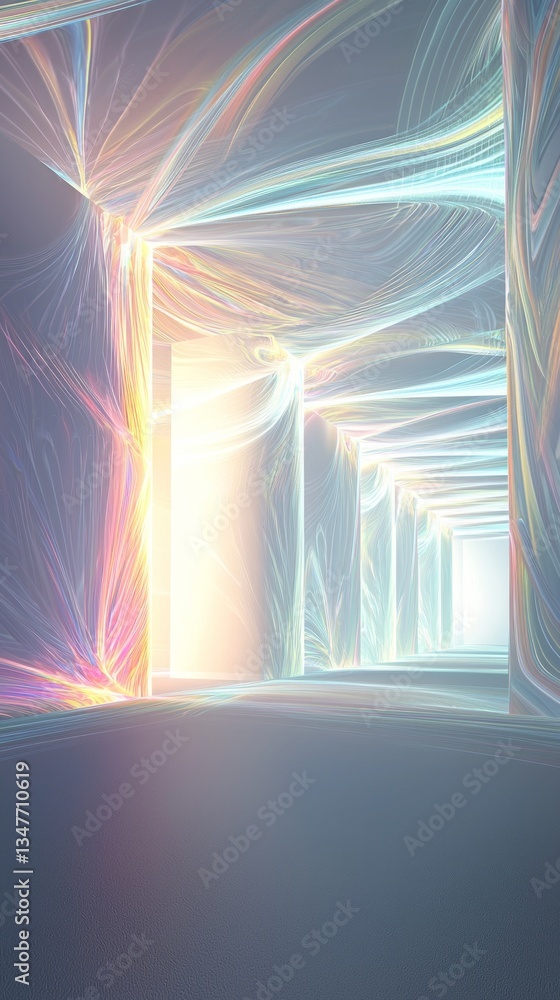 Poster abstract corridor bathed in colorful light with vibrant patterns and reflections creating a dreamlik