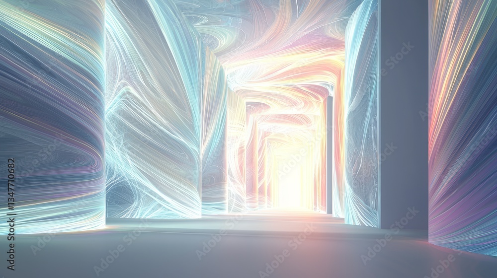 Poster vibrant abstract background showcasing swirling light patterns in a modern corridor filled with colo