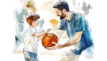 Father and son playing basketball. Watercolor illustration of dad teaching child sports. Family bonding and parenting concept
