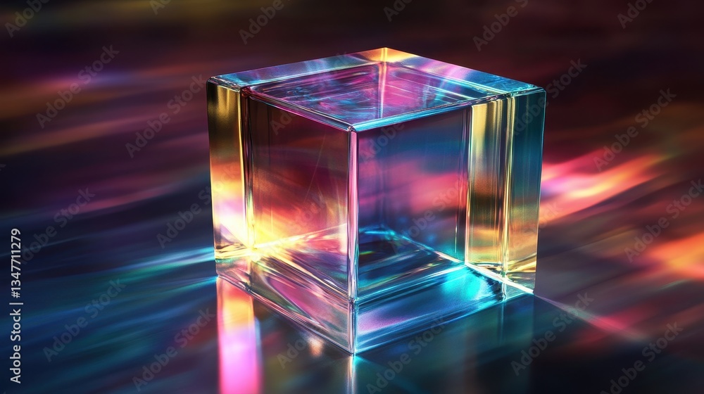 Poster transparent glass cube reflects colorful lights on dark surface. use for science concepts, physics, 