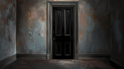Darkened room with black steel door in the center, ominous entrance, somber atmosphere. Ominous Core. Illustration