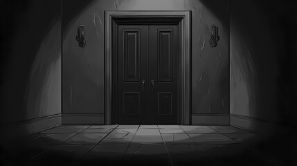 Obraz premium Darkened room with black steel door in the center, ominous entrance, isolated area, dark interior. Ominous Core. Illustration