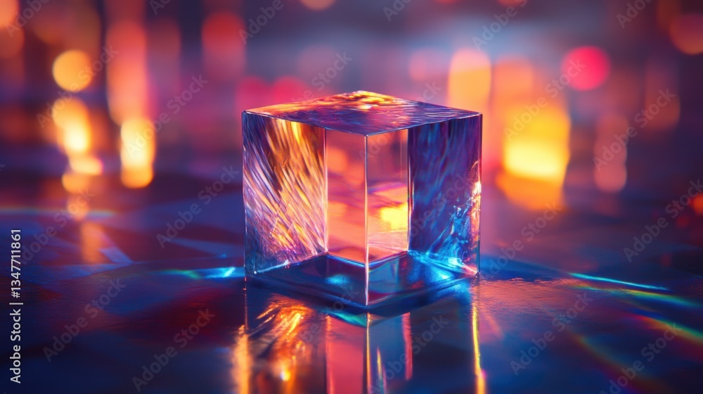 Poster glass cube refracts light, creating vibrant patterns and reflections. perfect for illustrating techn