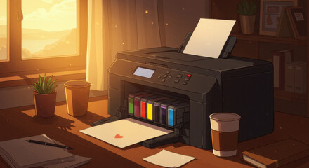 Cozy home office scene with printer printing a love note, creativity