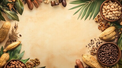 Various Nuts and Pods Arrangement with Tropical Leaves Frame