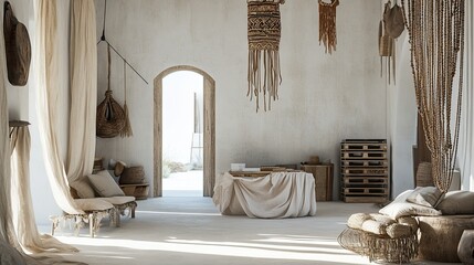 A bohemian desert workspace with sunlit whitewashed walls
