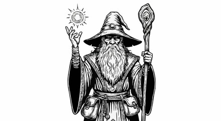 Obraz premium Wizard casting a spell with magic staff against white background 