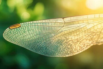 A dragonfly's delicate wing, backlit by sunlight, showcases intricate vein patterns and a golden pterostigma.