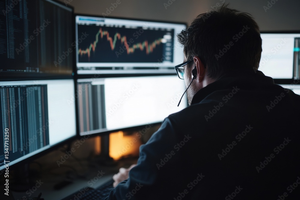 Poster data analysis action by analyst in a modern office with multiple screens technology focused environm