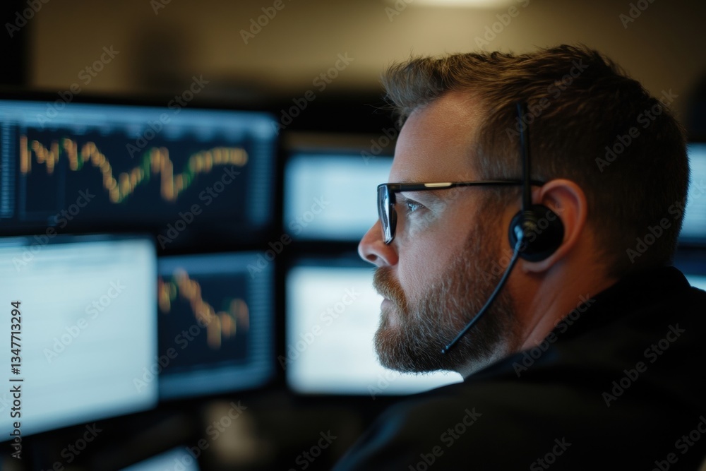 Poster stock trader analyzing market trends in a high-tech office financial data analysis professional envi