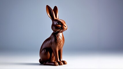 A chocolate sculpture of a rabbit sitting on a white surface.