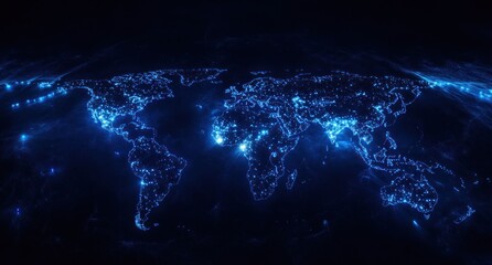 Obraz premium Glowing blue world map, showing global connections.