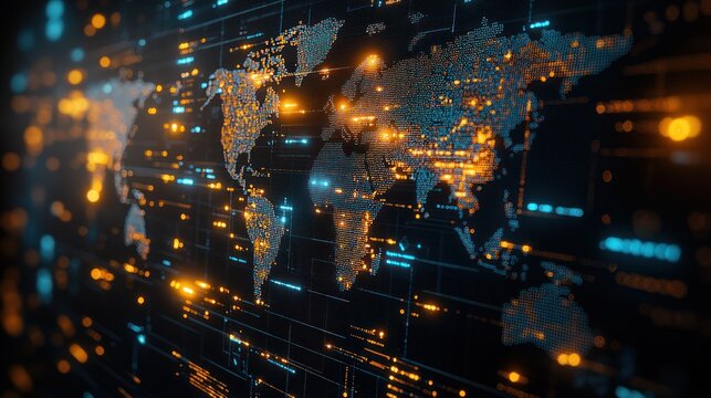 Global network connection, digital world map with glowing nodes.