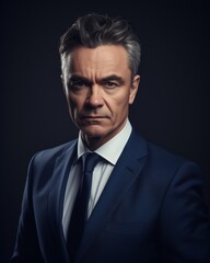 Confident business executive portrait studio setting professional photography dark background close-up perspective