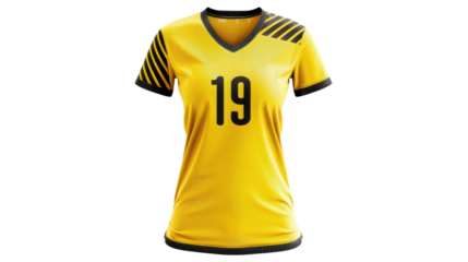 Yellow sports t-shirt with black stripes and number 19 on transparent background