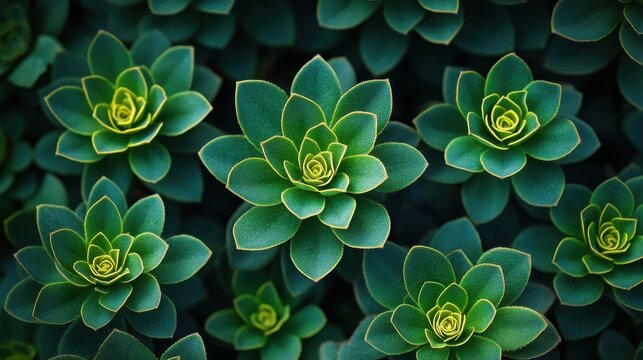 Lush green succulent plants are arranged together from a high angle view. Use as a natural background, wallpaper, or design element with organic feel.